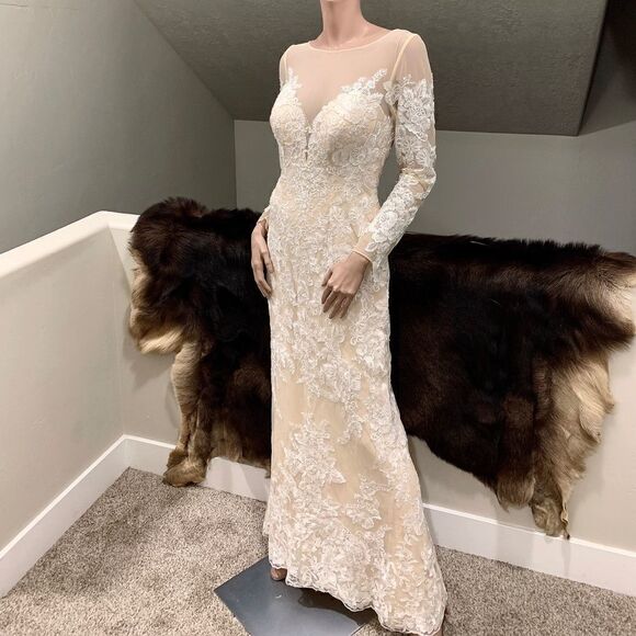 Custom Long Sleeves Embroidered Floral Lace With Sequins and Crystal Beads Gown - Picture 5 of 16